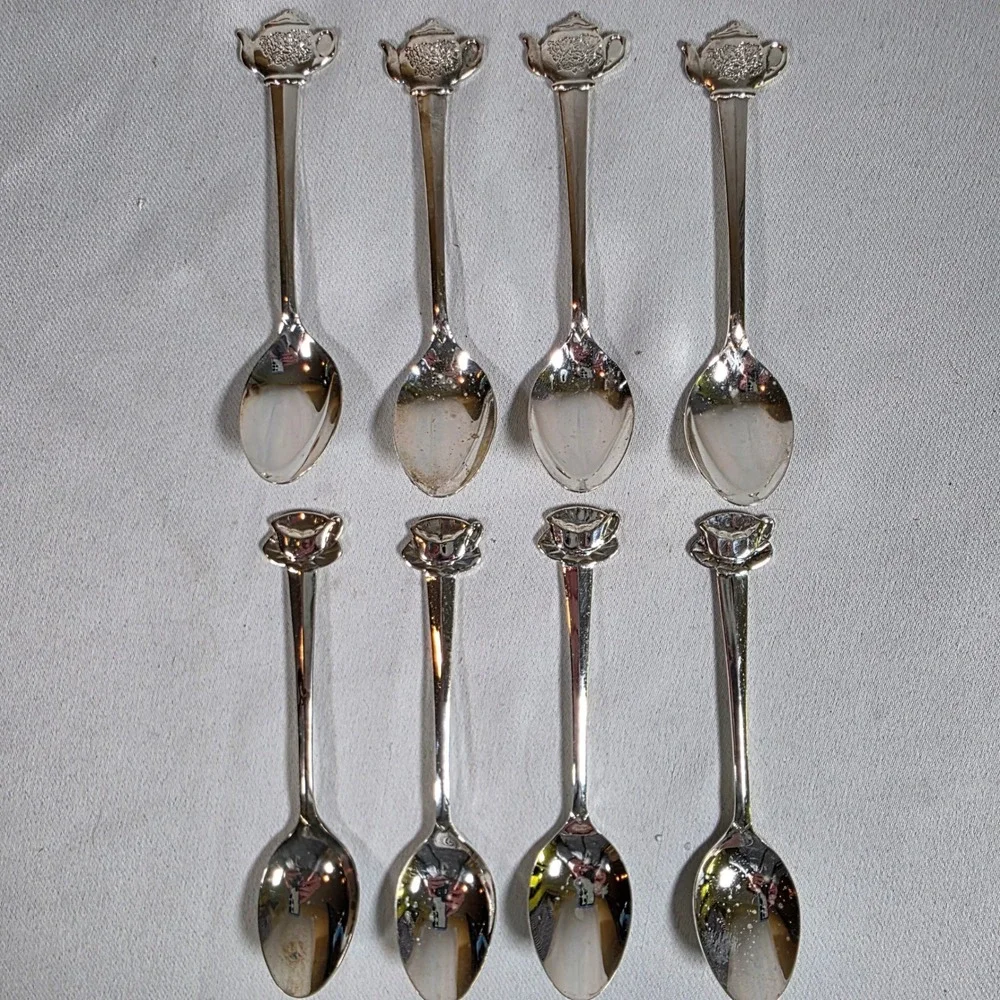 Vintage HIC Japan Stainless Teapot Teacup Demitasse Spoons Set of 8
